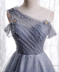 Gray One Shoulder Tulle Long Semi Formal Prom Dress Gray Tulle Evening Dress