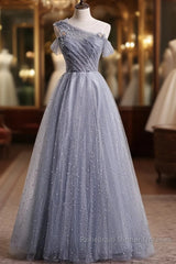 Gray One Shoulder Tulle Long Semi Formal Prom Dress Gray Tulle Evening Dress