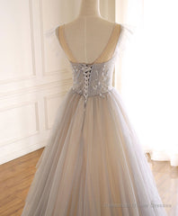 Gray Purple Round Neck Tulle Long Prom Dress, A line Formal Graduation Dress