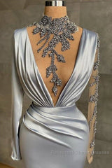 Gray Robe De Soiree Sheath Long Sleeves Beaded See Through Sexy Long Semi Formal Prom Dresses Semi Formal Prom Gown Evening Dresses