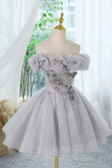 Gray Scoop Neckline Tulle Sequins Short Semi Formal Prom Dress, A-Line Off The Shoulder Evening Party Dress