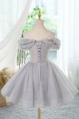 Gray Scoop Neckline Tulle Sequins Short Semi Formal Prom Dress, A-Line Off The Shoulder Evening Party Dress