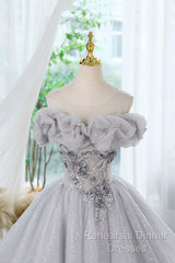 Gray Scoop Neckline Tulle Sequins Short Semi Formal Prom Dress, A-Line Off The Shoulder Evening Party Dress
