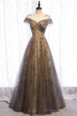 Gray Scoop Tulle Sequins Long Prom Dress, A-Line Evening Party Dress
