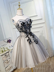Gray Sweetheart Neck Tulle Lace Short Semi Formal Prom Dress, Cute Homecoming Dress