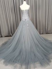 Gray Tulle Beads Long Prom Dress Gray Tulle Formal Evening Graduation Dresses
