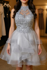 Gray tulle lace high neck short Semi Formal Prom Dresses gray homecoming Dresses