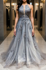 Gray tulle lace long Semi Formal Prom Dresses gray tulle lace formal Dresses