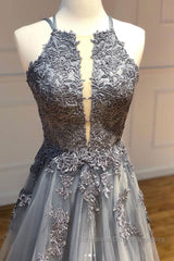 Gray tulle lace long Semi Formal Prom Dresses gray tulle lace formal Dresses