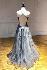 Gray tulle lace long Semi Formal Prom Dresses gray tulle lace formal Dresses