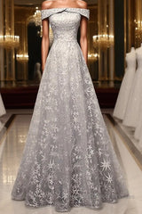 Gray tulle lace long Semi Formal Prom Dresses, lace tulle bridesmaid Dresses