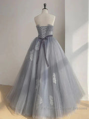 Gray Tulle Lace Long Semi Formal Prom Dress Sweet 16 Dress A Line Off Shoulder December Wedding Guest Dress