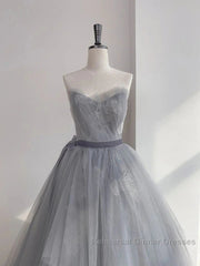 Gray Tulle Lace Long Semi Formal Prom Dress Sweet 16 Dress A Line Off Shoulder December Wedding Guest Dress