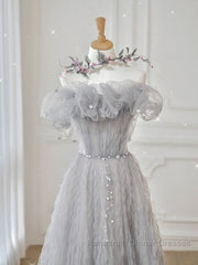 Gray tulle sequin long Semi Formal Prom Dresses, gray tulle formal Dresses