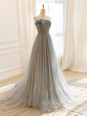 Gray Tulle Sequin Long Semi Formal Prom Dress, Gray Tulle Long Evening Dress