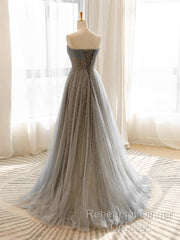 Gray Tulle Sequin Long Semi Formal Prom Dress, Gray Tulle Long Evening Dress