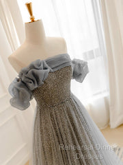 Gray Tulle Sequin Long Semi Formal Prom Dress, Gray Tulle Long Evening Dress