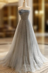 Gray Tulle Sequin Long Semi Formal Prom Dress, Gray Tulle Long Evening Dress