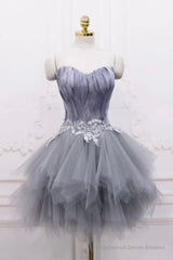 Gray Tulle Short Prom Dress with Feather, Chic A-Line Strapless Party Dress