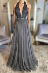Gray v neck tulle beads long Semi Formal Prom Dresses, gray tulle formal Dresses