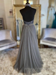 Gray v neck tulle beads long Semi Formal Prom Dresses, gray tulle formal Dresses