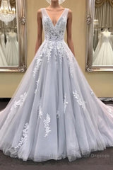 Gray v neck tulle lace applique long Semi Formal Prom Dresses, gray evening Dresses