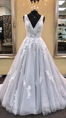 Gray v neck tulle lace applique long Semi Formal Prom Dresses, gray evening Dresses