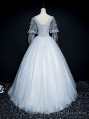 Gray V Neck Tulle Lace Long Prom Dress, Gray Lace Evening Dress