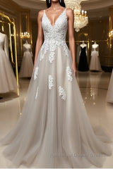 Gray v neck tulle lace long Semi Formal Prom Dresses, gray tulle evening Dresses