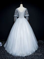 Gray v neck tulle lace long Semi Formal Prom Dresses, gray tulle lace evening Dresses