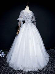 Gray v neck tulle lace long Semi Formal Prom Dresses, gray tulle lace evening Dresses