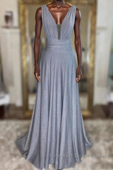 Gray v neck tulle sequin long Semi Formal Prom Dresses, gray evening Dresses
