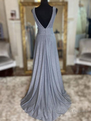 Gray v neck tulle sequin long Semi Formal Prom Dresses, gray evening Dresses