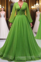 Green A Line Long Semi Formal Prom Dresses, V Neck Green Tulle Long Formal Evening Dresses