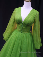 Green A Line Long Semi Formal Prom Dresses, V Neck Green Tulle Long Formal Evening Dresses