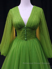 Green A Line Long Semi Formal Prom Dresses, V Neck Green Tulle Long Formal Evening Dresses