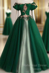 Green A-Line Tulle And Satin Long Formal Dress, Green Party Dress Semi Formal Prom Dress