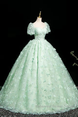 Green A-Line Tulle Beaded Sequin Long Semi Formal Prom Dress, Beautiful 3D Butterfly Evening Dress