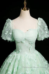Green A-Line Tulle Beaded Sequin Long Semi Formal Prom Dress, Beautiful 3D Butterfly Evening Dress