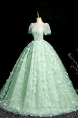 Green A-Line Tulle Beaded Sequin Long Semi Formal Prom Dress, Beautiful 3D Butterfly Evening Dress
