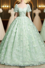 Green A-Line Tulle Beaded Sequin Long Semi Formal Prom Dress, Beautiful 3D Butterfly Evening Dress