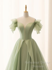 Green A Line Tulle Long Semi Formal Prom Dress V Neck Long Formal Dress