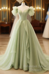 Green A Line Tulle Long Semi Formal Prom Dress V Neck Long Formal Dress