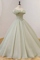 Green A-Line Tulle Long Prom Dress with Beaded, Off the Shoulder Evening Dress
