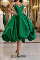 Green Ball Gown Satin Short Semi Formal Prom Dresses, Green Satin Evening Dresses