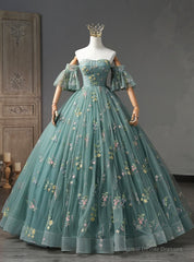 Green Ball Gown Tulle Straps Appliques Quinceanera Dress
