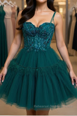 Green Beaded Lace Short Semi Formal Prom Dresses with Straps, Short Green Lace Formal Graduation Homecoming Dresses with Beading
