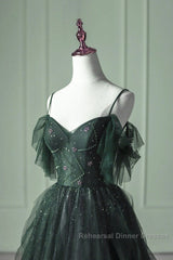 Green Gradient Tulle A-Line Long Formal Dress, Green Beaded Straps Party Dress Semi Formal Prom Dress