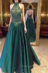 Green High Neck Long Semi Formal Prom Dress, Green Evening Dress