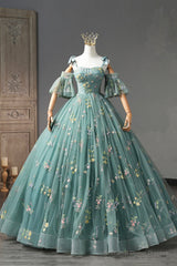 Green Lace Long A-Line Formal Dress, Spaghetti Strap Evening Gown